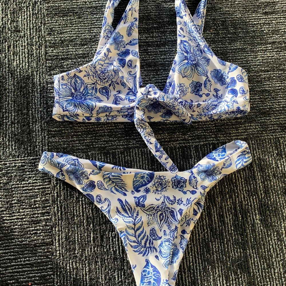 Blue and white front tie bikini
